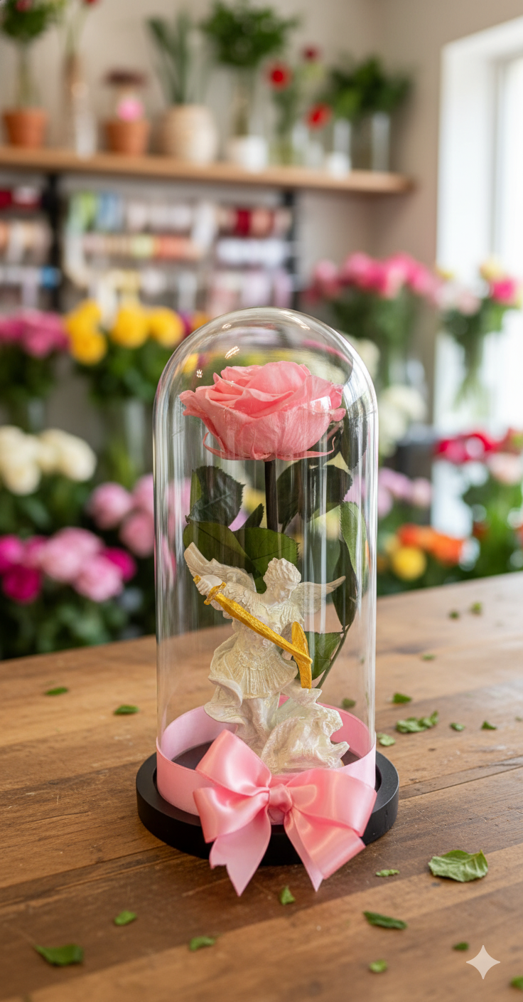 Rosa preservada premium con virgencita o arcangel