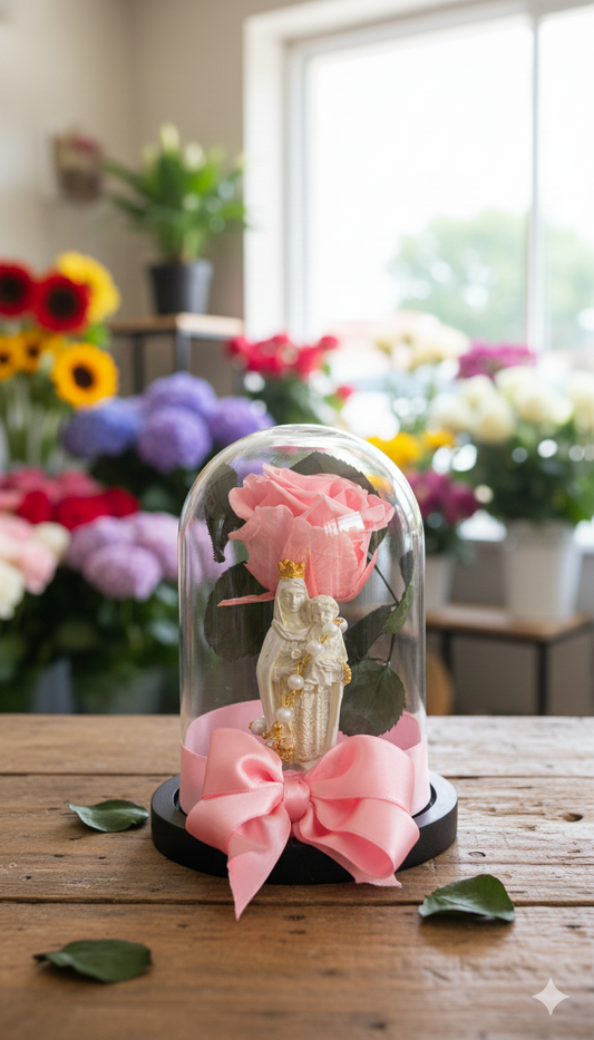 Rosa preservada estandar con virgencita