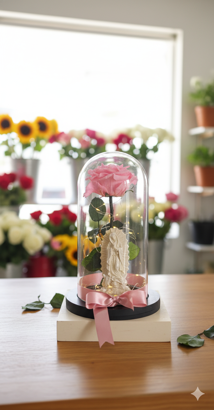 Rosa preservada premium con virgencita o arcangel